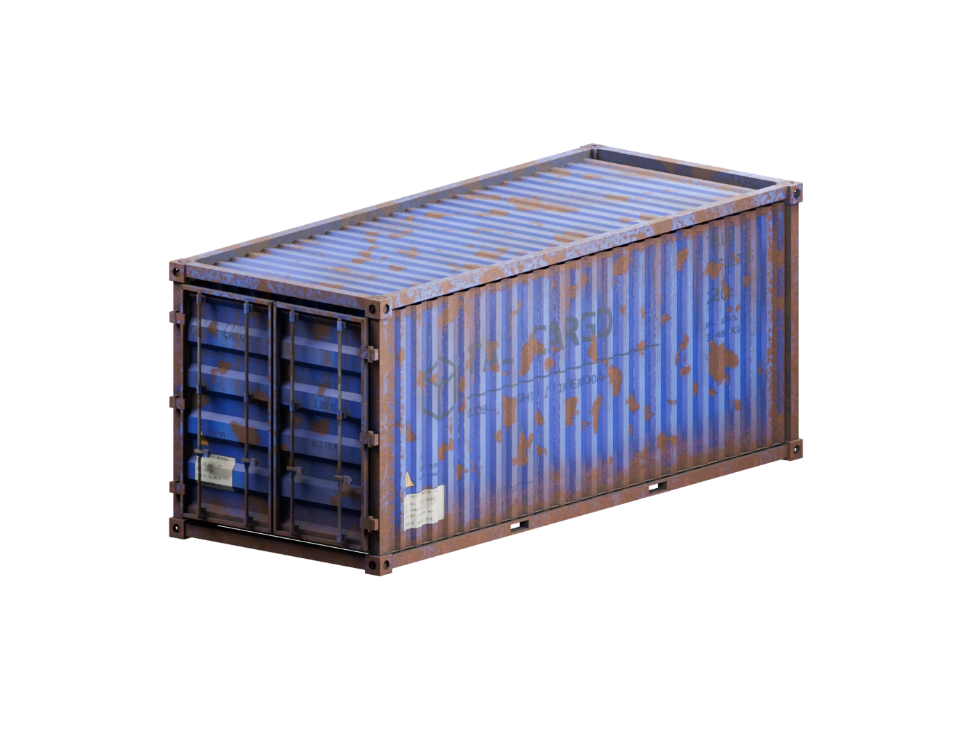 Rusted shipping container with blue paint; the corrosion stays brown and the dirt stays dark