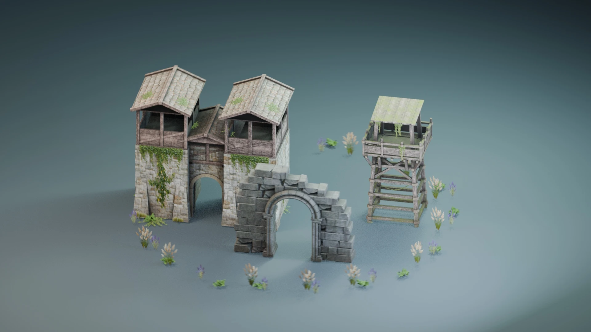 A Blender scene assembled from the library's twin gatehouse, stone arch, timber watchtower and small plants